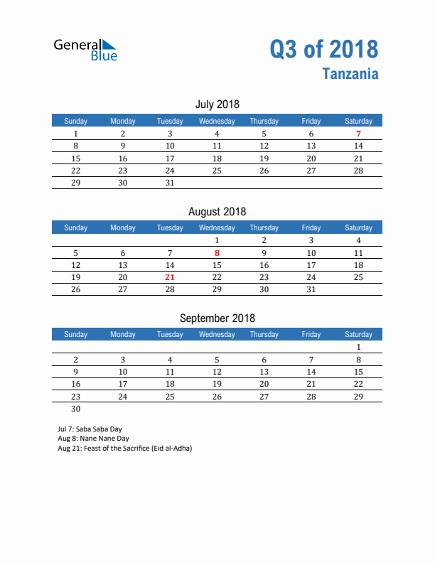 Tanzania 2018 Quarterly Calendar with Sunday Start