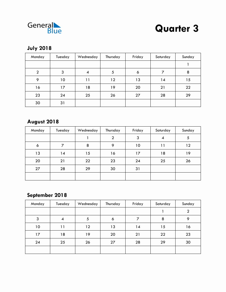 Quarter 3 2018 Calendar with Monday Start