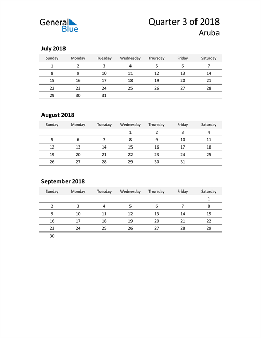  2018 Three-Month Calendar for Aruba