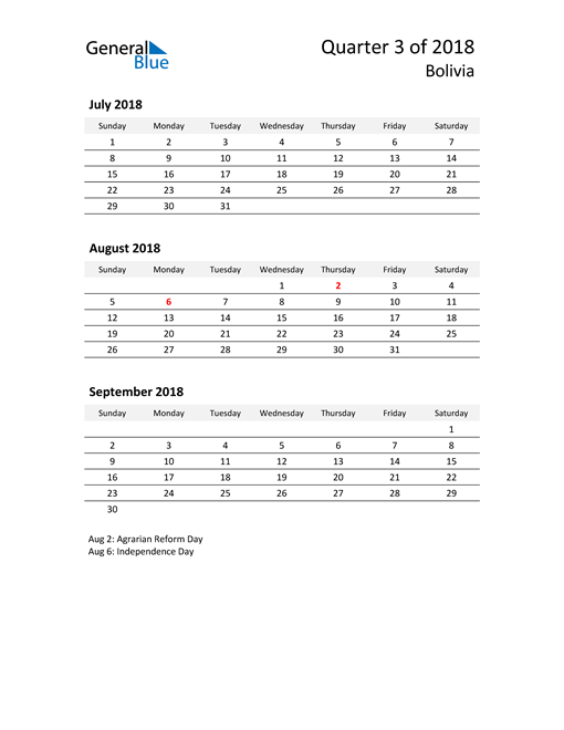  2018 Three-Month Calendar for Bolivia
