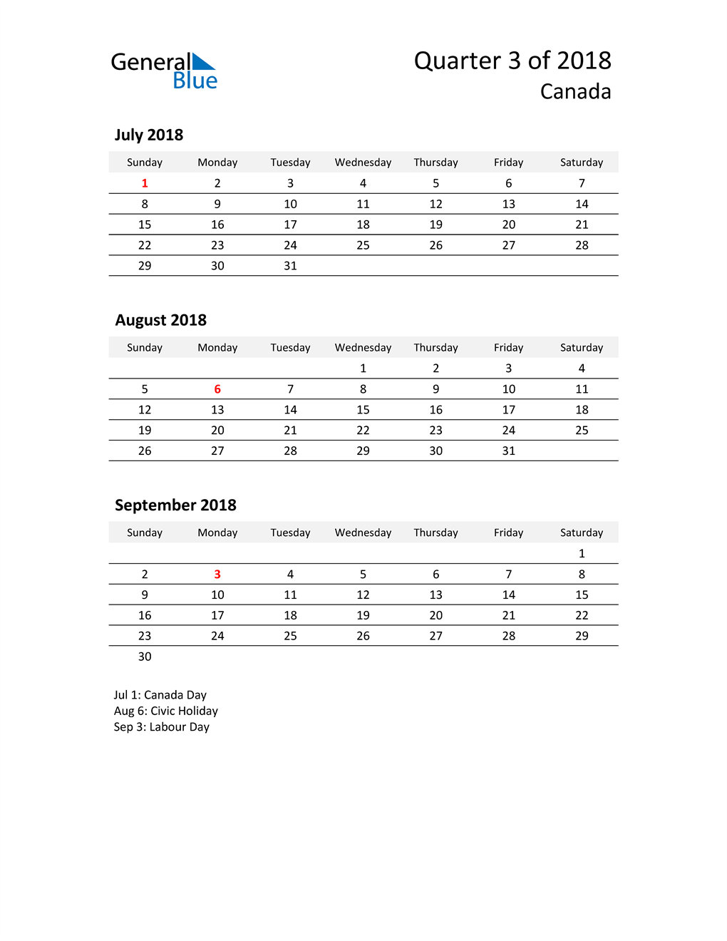  2018 Three-Month Calendar for Canada