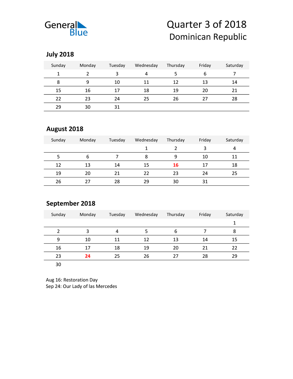  2018 Three-Month Calendar for Dominican Republic