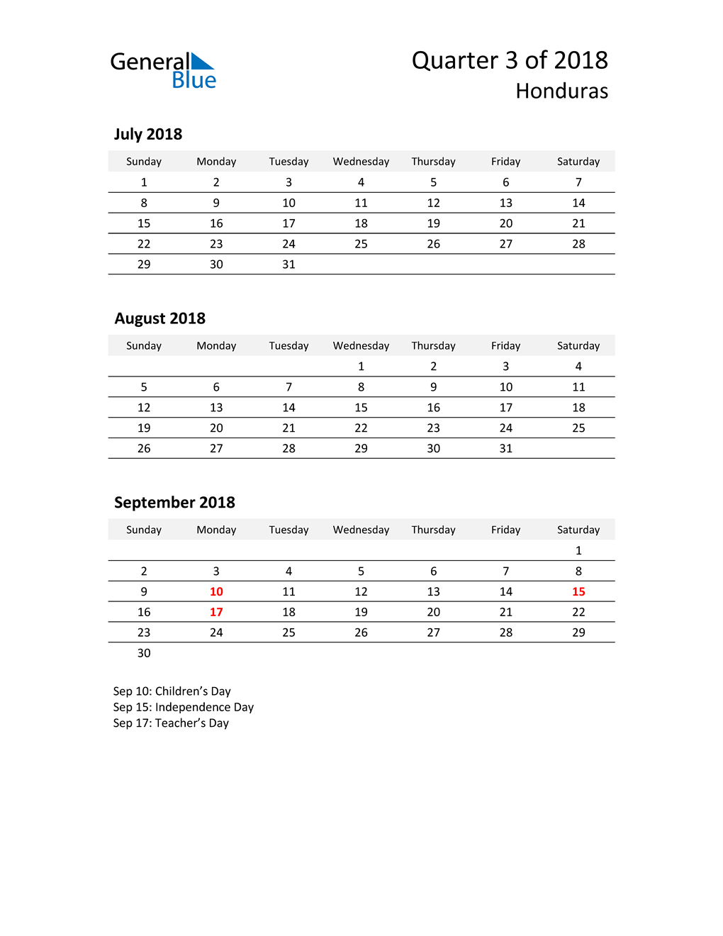  2018 Three-Month Calendar for Honduras