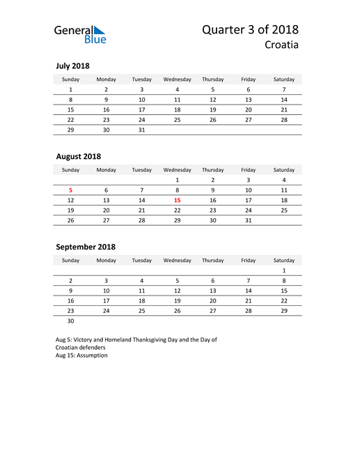  2018 Three-Month Calendar for Croatia