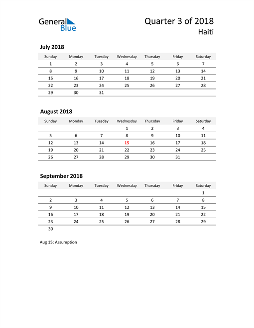  2018 Three-Month Calendar for Haiti