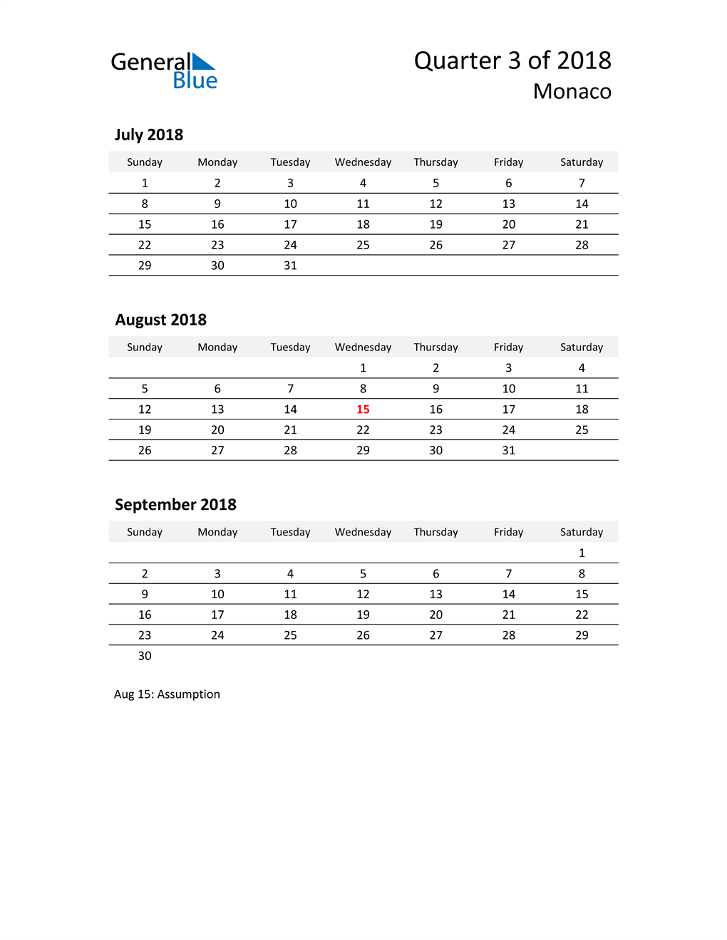  2018 Three-Month Calendar for Monaco