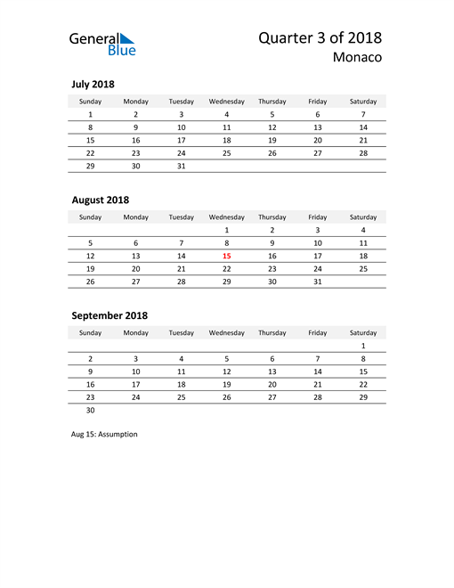  2018 Three-Month Calendar for Monaco