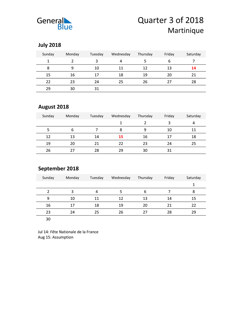  2018 Three-Month Calendar for Martinique