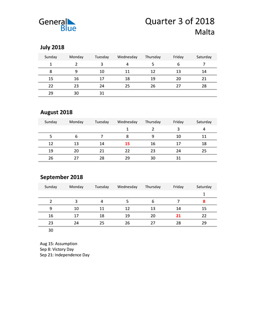  2018 Three-Month Calendar for Malta