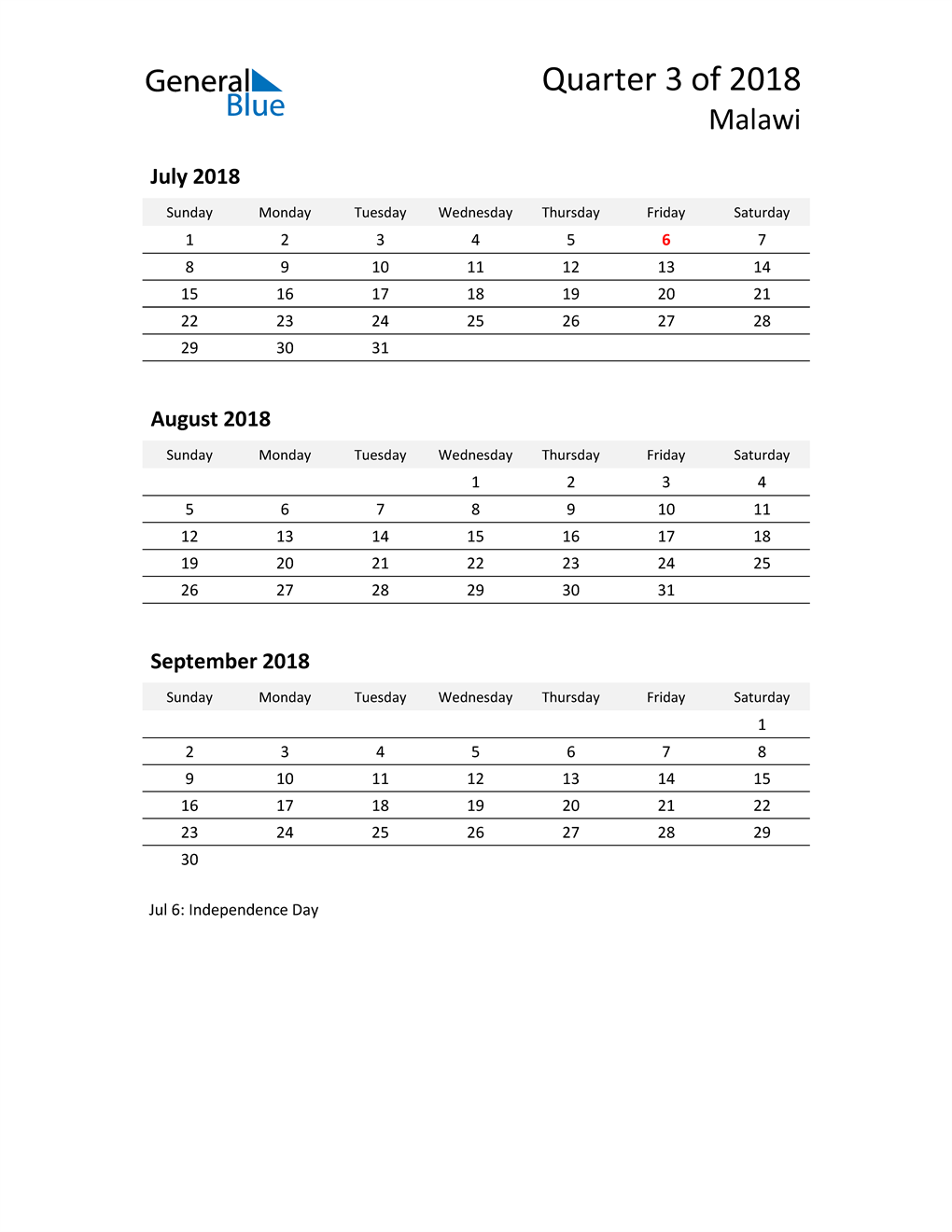  2018 Three-Month Calendar for Malawi