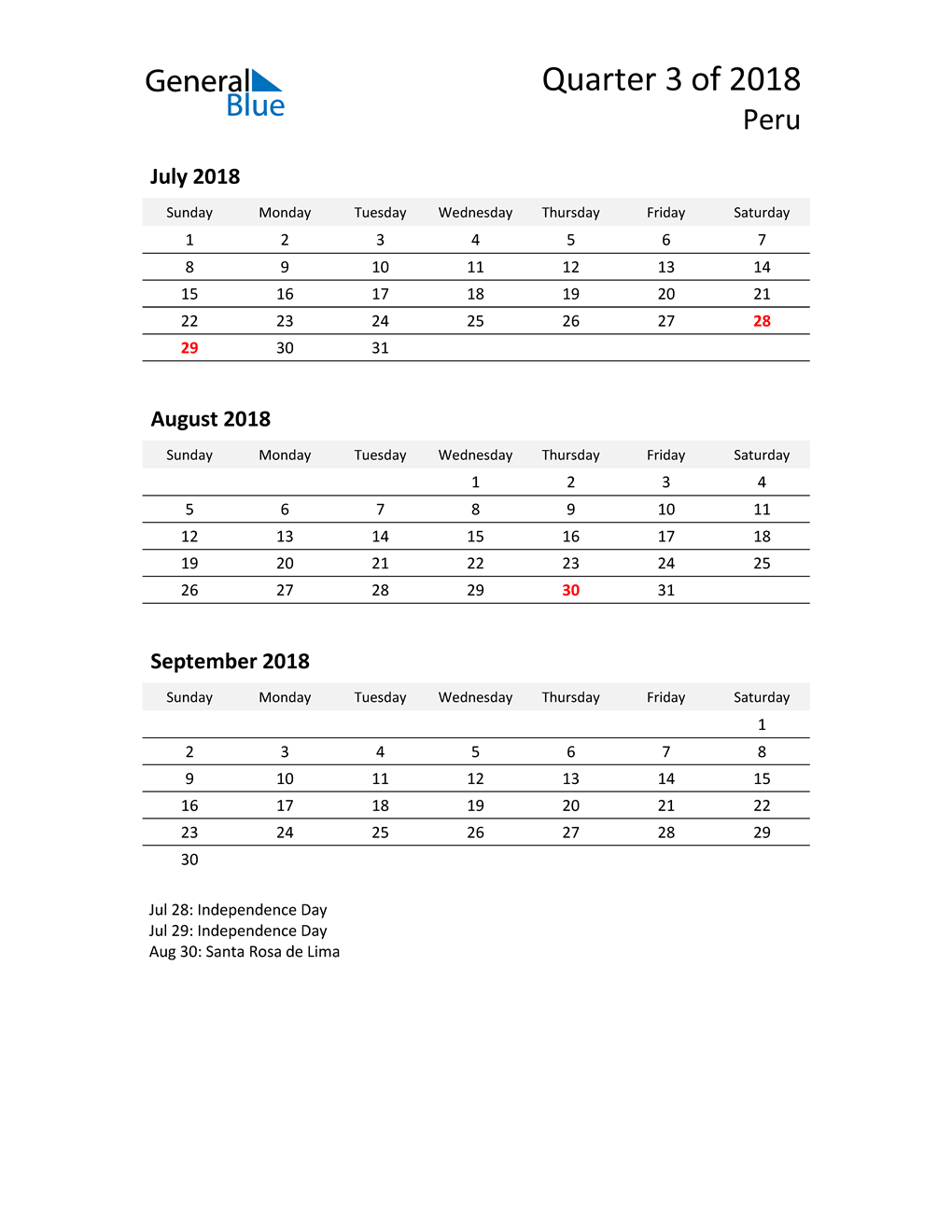  2018 Three-Month Calendar for Peru