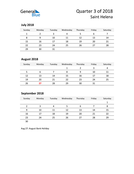  2018 Three-Month Calendar for Saint Helena