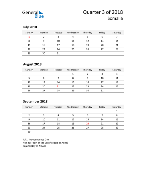  2018 Three-Month Calendar for Somalia