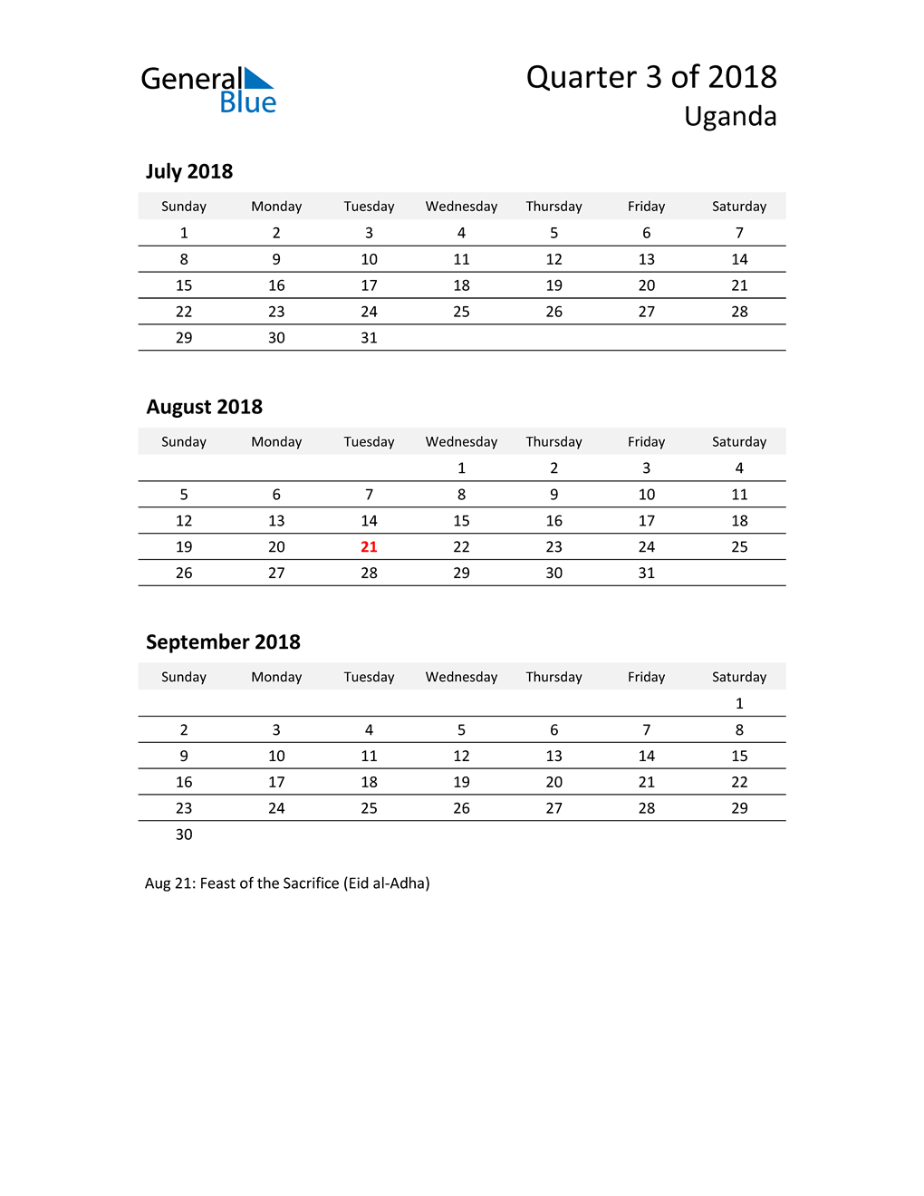  2018 Three-Month Calendar for Uganda
