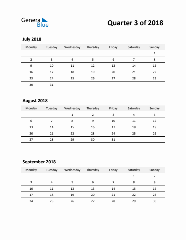 2018 Three-Month Calendar (Quarter 3)