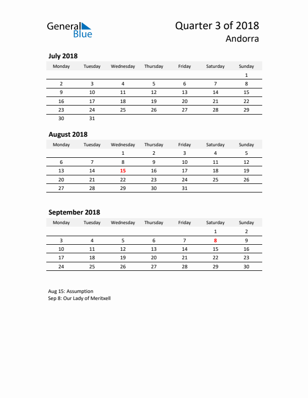 2018 Three-Month Calendar for Andorra