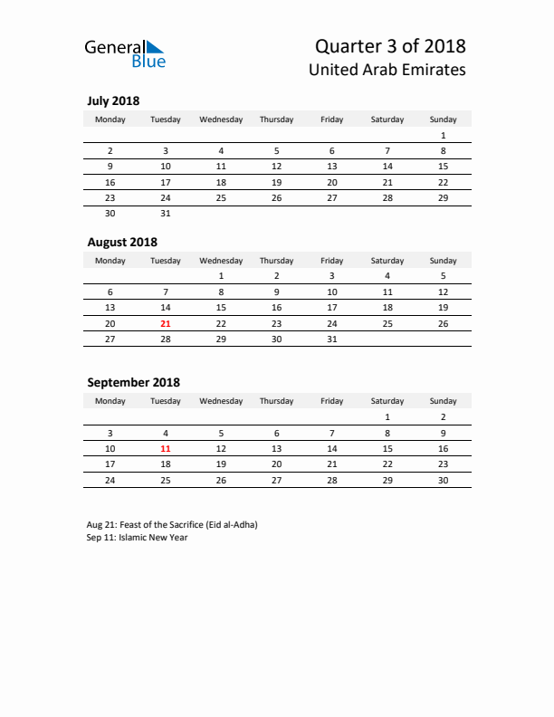 2018 Three-Month Calendar for United Arab Emirates