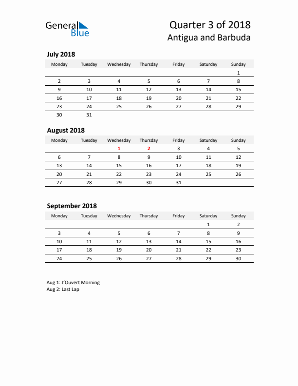 2018 Three-Month Calendar for Antigua and Barbuda