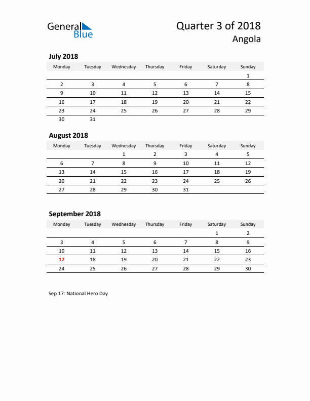 2018 Three-Month Calendar for Angola