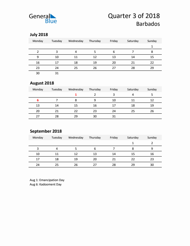 2018 Three-Month Calendar for Barbados