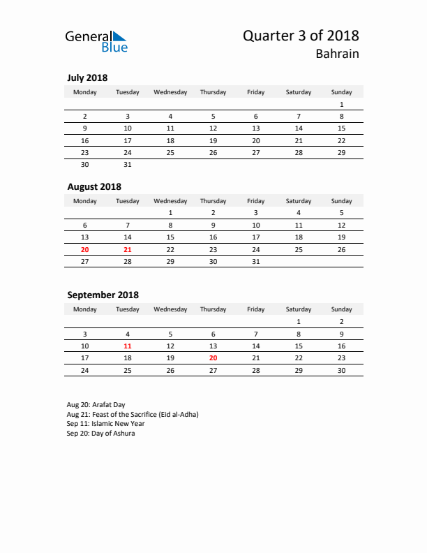 2018 Three-Month Calendar for Bahrain