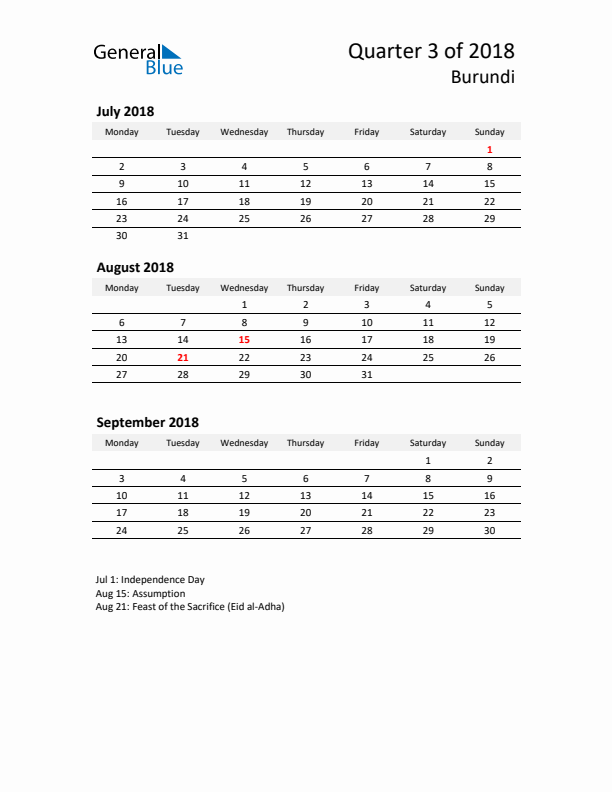 2018 Three-Month Calendar for Burundi