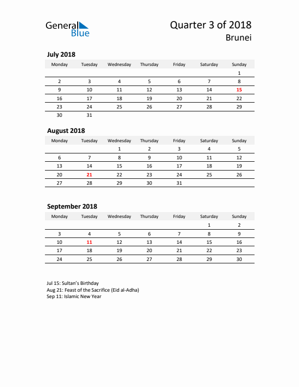 2018 Three-Month Calendar for Brunei