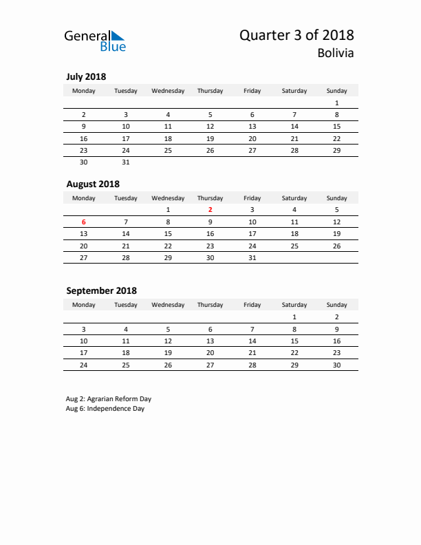 2018 Three-Month Calendar for Bolivia