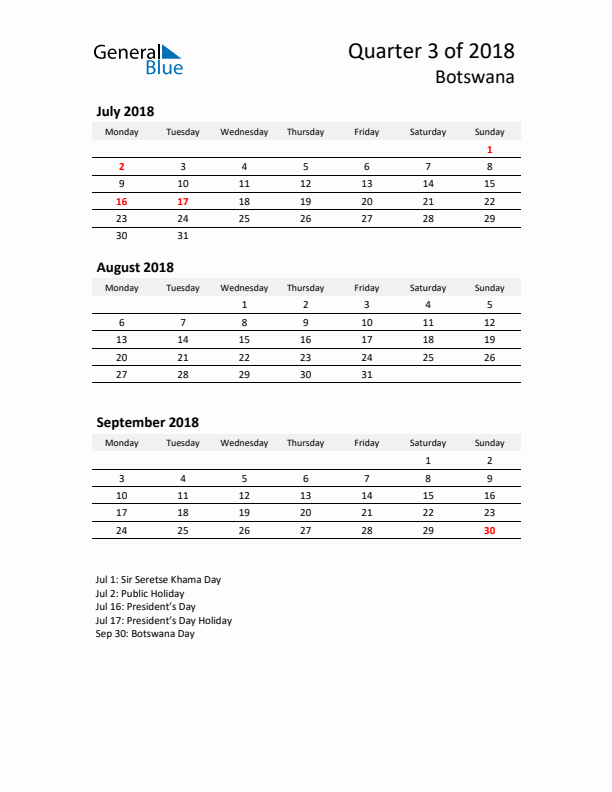 2018 Three-Month Calendar for Botswana
