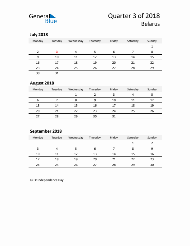2018 Three-Month Calendar for Belarus