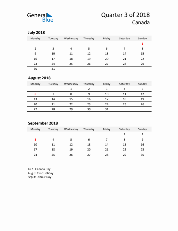 2018 Three-Month Calendar for Canada