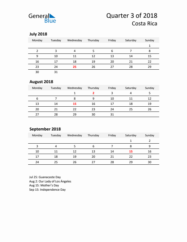2018 Three-Month Calendar for Costa Rica
