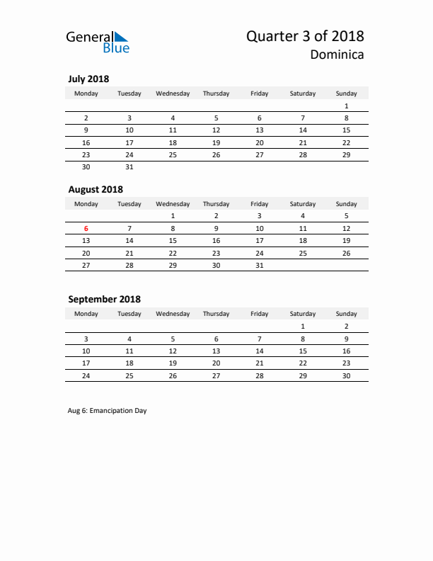 2018 Three-Month Calendar for Dominica