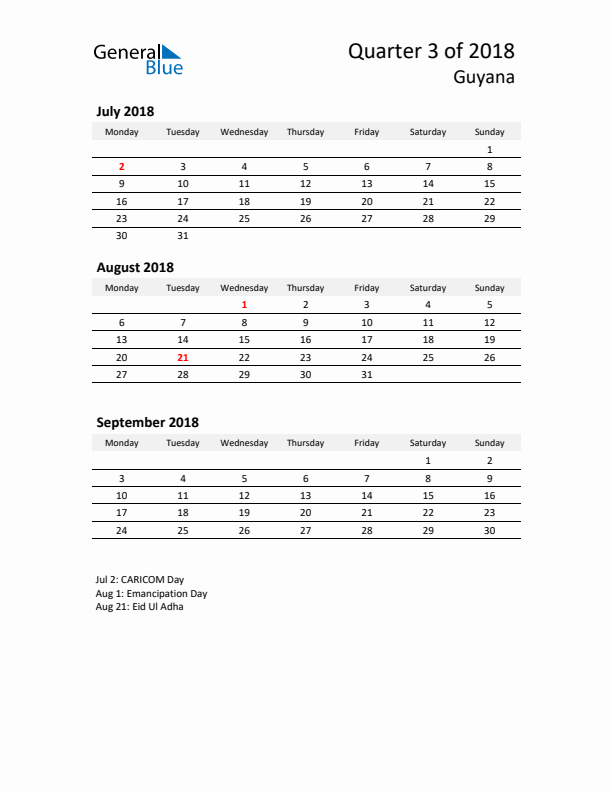 2018 Three-Month Calendar for Guyana