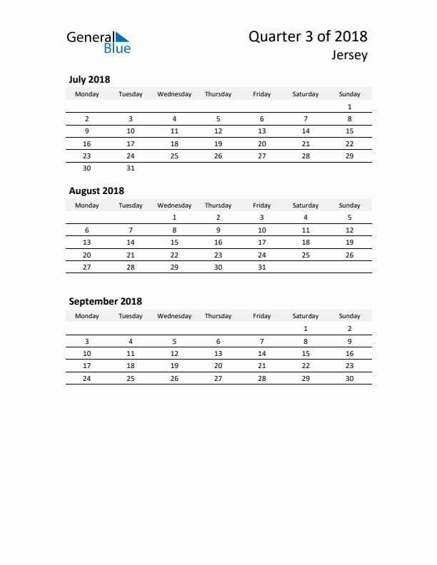 2018 Three-Month Calendar for Jersey