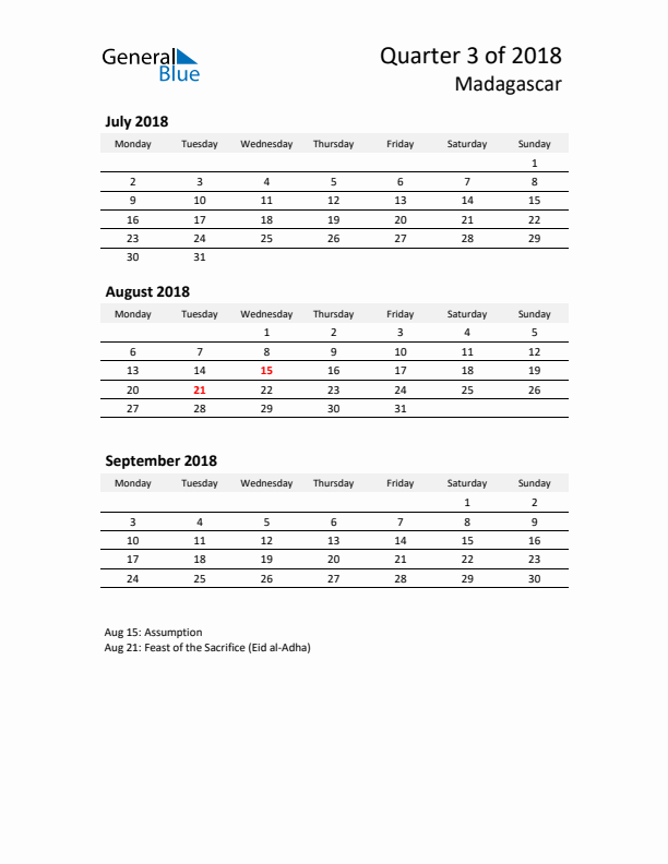 2018 Three-Month Calendar for Madagascar