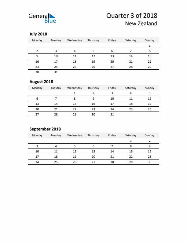 2018 Three-Month Calendar for New Zealand