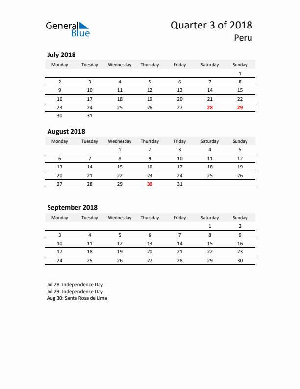 2018 Three-Month Calendar for Peru