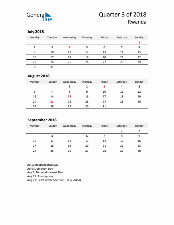 2018 Three-Month Calendar for Rwanda