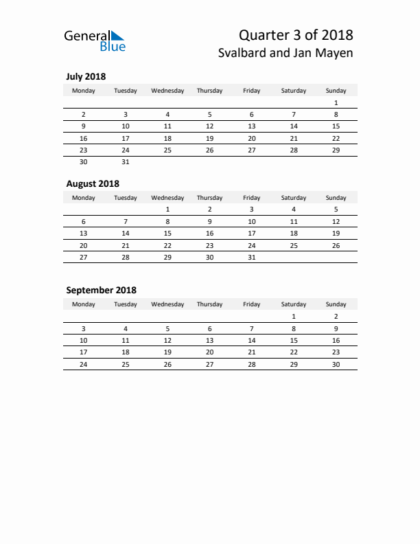 2018 Three-Month Calendar for Svalbard and Jan Mayen