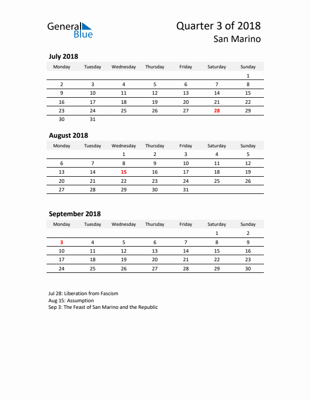 2018 Three-Month Calendar for San Marino