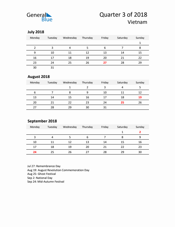 2018 Three-Month Calendar for Vietnam