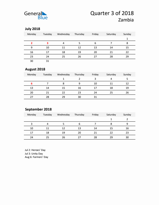 2018 Three-Month Calendar for Zambia