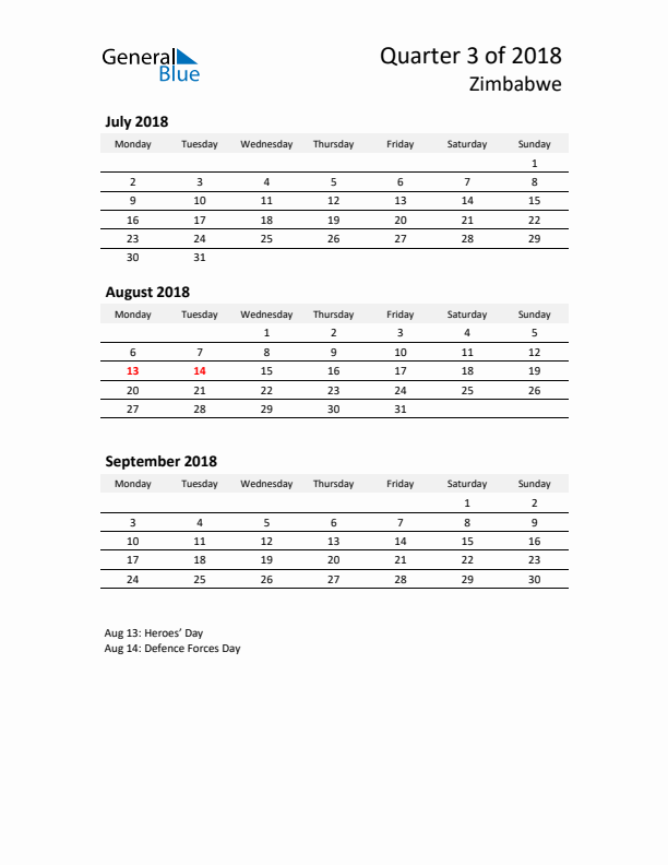 2018 Three-Month Calendar for Zimbabwe