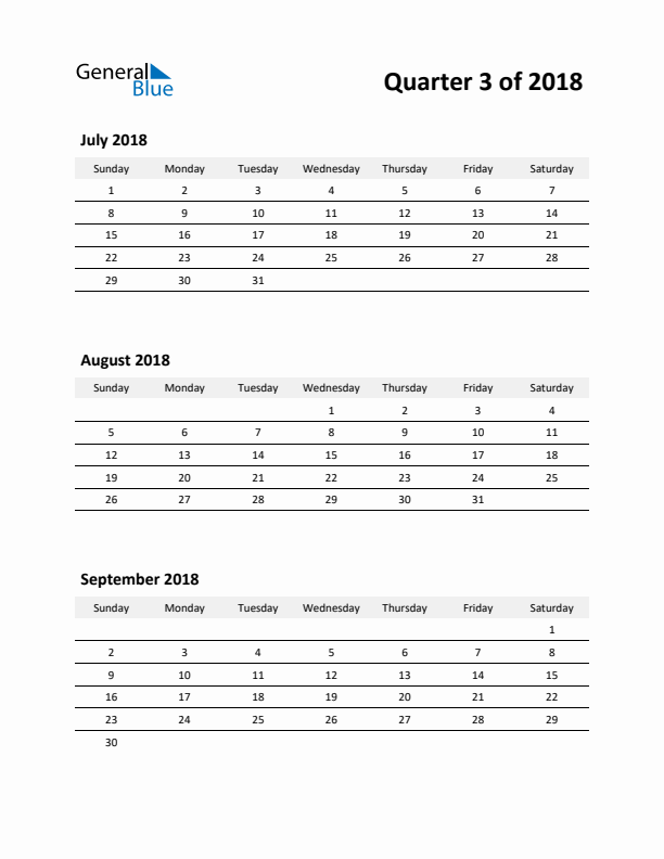 2018 Three-Month Calendar (Quarter 3)
