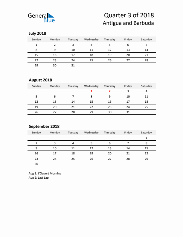 2018 Three-Month Calendar for Antigua and Barbuda