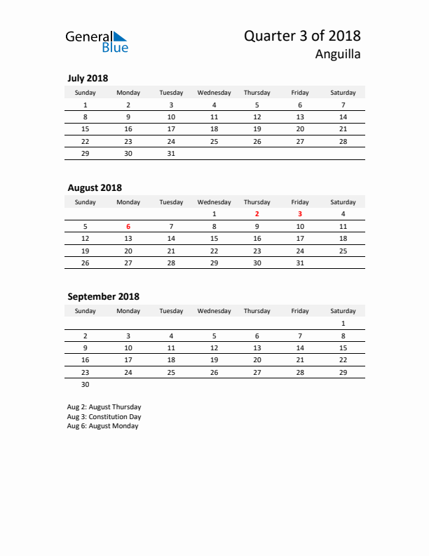 2018 Three-Month Calendar for Anguilla