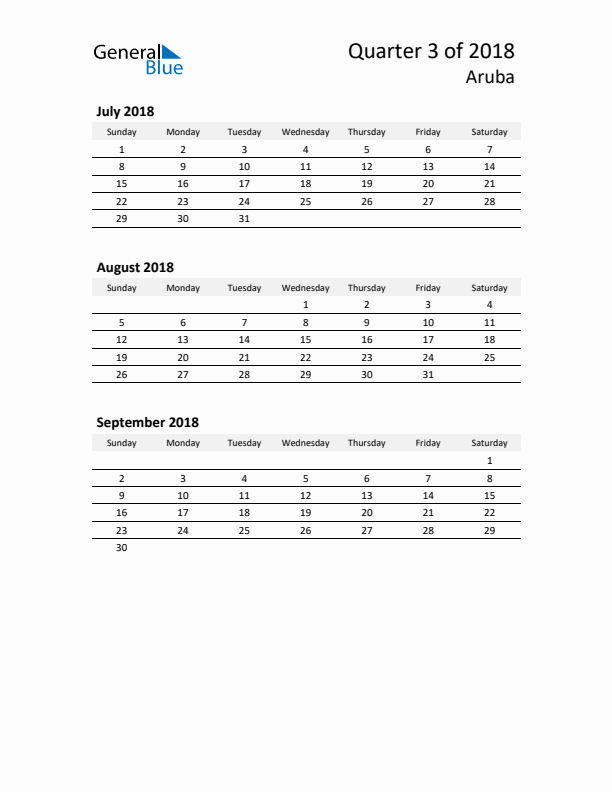 2018 Three-Month Calendar for Aruba