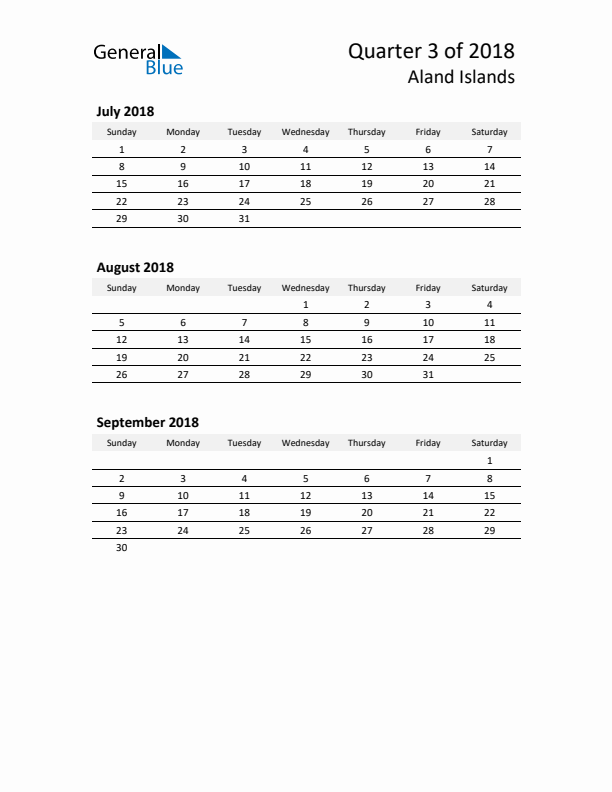 2018 Three-Month Calendar for Aland Islands
