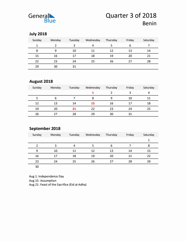 2018 Three-Month Calendar for Benin